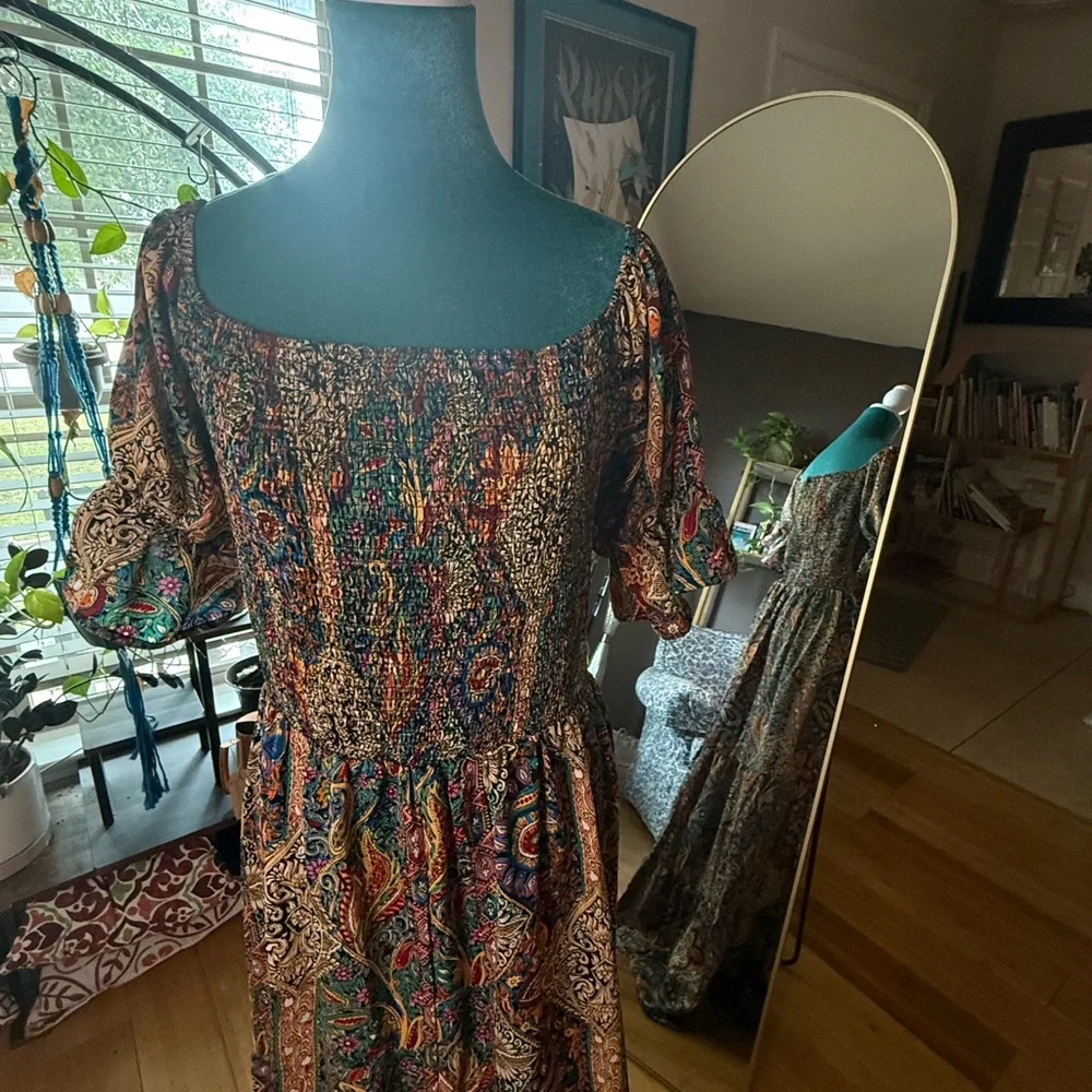 Boho Smocked Paisley Maxi Dress XL - Picture 5 of 8